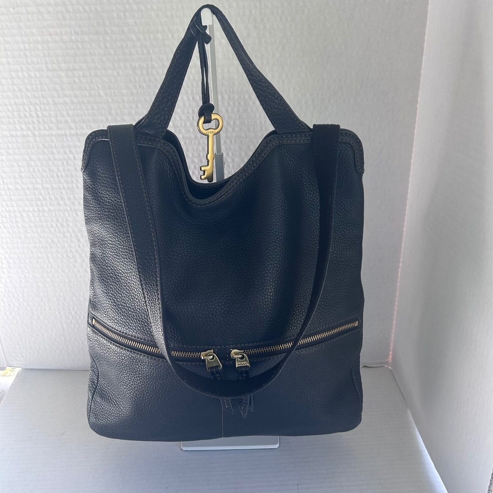 Fossil‎ Eric Foldover Tote Bag Women Large Black Pebbled Leather Crossbody - Picture 3 of 11